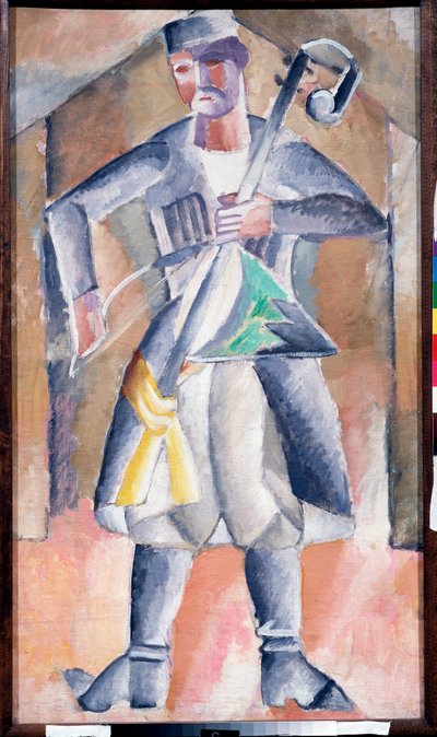 Músico (Sas Musician) - Retrato de un músico, en traje tradicional, con su instrumento, una especie de zanfona vertical con dos cuerdas estiradas, tocada con un arco - Pintura de Mikhail Vasilyevich El Dantyu (1891-1917), óleo sobre lienzo - Arte rústico de Mikhail Vasilevich Le Dantu