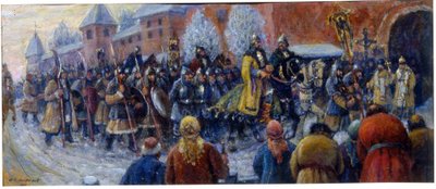 Llegada de Alejandro Nevsky a Nóvgorod tras la Batalla del Hielo de Mikhail Vasilievich Nesterov