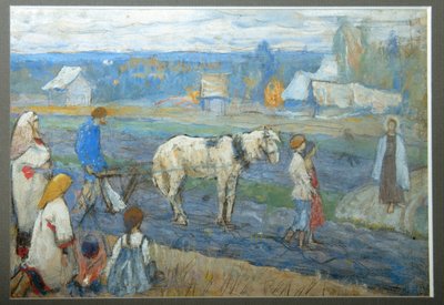 En el campo (Los campesinos detienen el trabajo agrícola ante la aparición de Jesús en el camino) (En el campo) - Pintura de Mikhail Vasilyevich Nesterov (1862-1942), gouache sobre cartón (15,8x24 cm) de Mikhail Vasilievich Nesterov