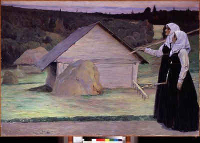 Ete (verano). Dos mujeres, con sus rastrillos, al atardecer, después de trabajar en el campo, pasan por delante de pajares y cabañas de madera. Pintura de Mikhail Vasilyevich Nesterov (1862-1942), óleo sobre lienzo de Mikhail Vasilievich Nesterov