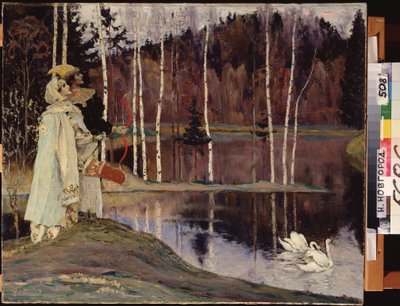 Armonía dual. Una pareja disfrazada y maquillada teatralmente mira al cielo cerca de un lago en el que nadan plácidamente una pareja de cisnes. Pintura de Mikhail Vasilyevich Nesterov (1862-1942), óleo sobre lienzo de Mikhail Vasilievich Nesterov