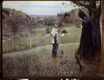 La visión del joven Bartolomé. (La visión del joven Bartolomé). El encuentro entre un monje y el joven ruso Bartolomé (más tarde San Sergio de Radonege o Sergii Radonezhsky o Sergey Radonezhsky o Sergio de Radonezh, ca. 1313-1392). Pintado de Mikhail Vasilievich Nesterov
