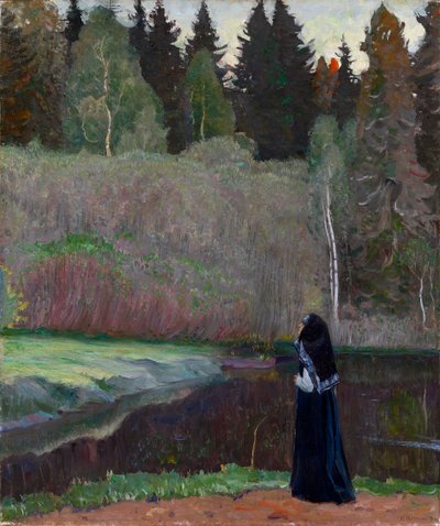 ""Le chant du rossignol"" (El ruiseñor está cantando) Una monja escuchando el canto de los pájaros - Pintura de Mikhail Vasilyevich Nesterov (1862-1942) 1918 Dim 81x68,5 cm Colección privada de Mikhail Vasilievich Nesterov