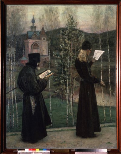 Tocando las campanas. Dos monjes leyendo mientras caminan hacia una iglesia en el fondo. Pintura de Mikhail Vasilyevich Nesterov (1862-1942), óleo sobre lienzo de Mikhail Vasilievich Nesterov
