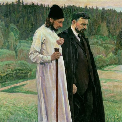 Los filósofos: Retrato de Sergei Nikolaevich Bulgakov y Pavel Aleksandrovich Florensky de Mikhail Vasilievich Nesterov