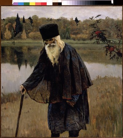 Un ermitaño (A Hermit). Un anciano con barba y pelo blanco camina, inclinado sobre su bastón, por la orilla de un lago. Pintura de Mikhail Vasilyevich Nesterov (1862-1942), óleo sobre lienzo de Mikhail Vasilievich Nesterov