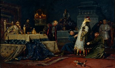Abrigo de tontos. Boyar Druzhina Andreyevich Morozov ante Iván el Terrible, 1885 de Mikhail Vasilievich Nesterov