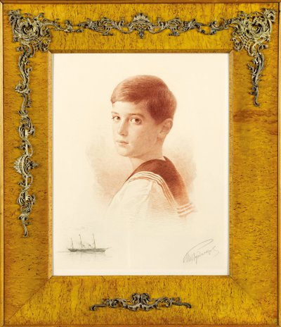 Retrato del sucesor del trono, el zarevich Alexei Nikolaevich de Rusia con un comentario que representa el yate imperial - Grabado de Mikhail Vikt de Mikhail Viktorovich Rundaltsov