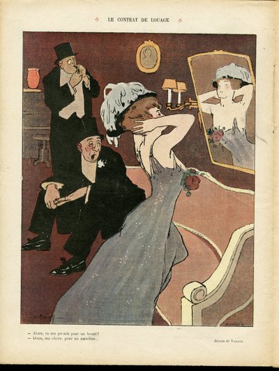 Ilustración de Miklos Vadasz (1884-1927) en Le Rire, 03/07/08 - El contrato de alquiler - Prostitución, Arquitectura interna de Miklós Vadász