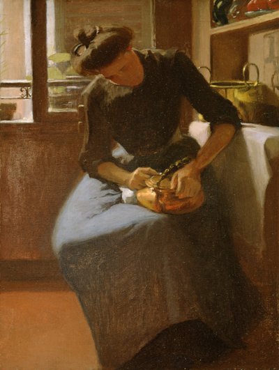 Mujer puliendo una tetera, c.1912 (óleo sobre lienzo) de Minerva Josephine Chapman