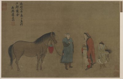 Un caballo, dos hombres y un niño de Ming Dynasty Chinese School