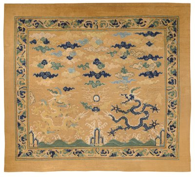 Rara y magnífica alfombra imperial "Dragón" para trono de Ming Dynasty Chinese School