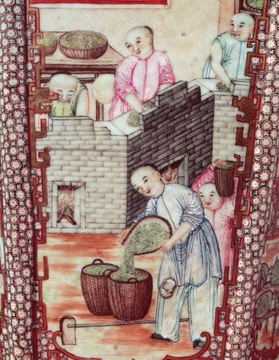 Detalle de un jarrón que representa el secado del té de Ming Dynasty Chinese School