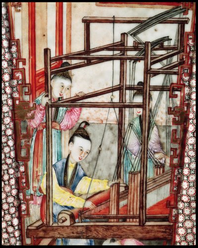 Detalle de un jarrón que representa el tejido de seda de Ming Dynasty Chinese School