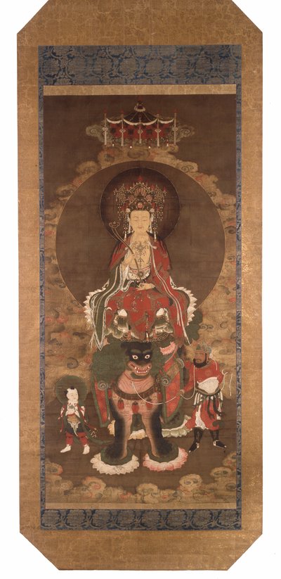 El Bodhisattva Mañjusrî sobre un león, finales del siglo XIV (tinta, color y pigmento dorado sobre seda) de Ming Dynasty Chinese School