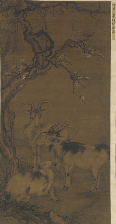 Tres cabras bajo un ciruelo en flor de Ming Dynasty Chinese School