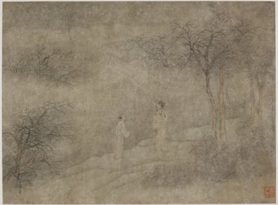 Dos hombres caminando en un bosque brumoso de Ming Dynasty Chinese School