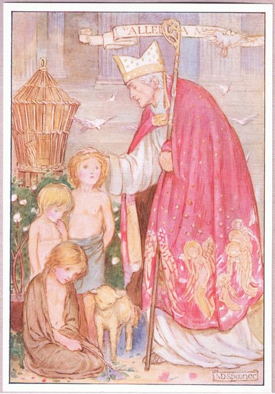 "Ángeles los llamáis", dijo. "No, más bien ángeles". San Agustín (litografía en color) de Minnie Didbin Spooner