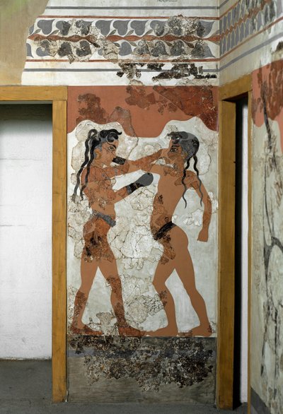 Arte minoico: lucha entre dos boxeadores. Fresco de Akrotiri en Santorini. Siglo XVI a.C. Atenas, Museo Arqueológico Nacional de Minoan