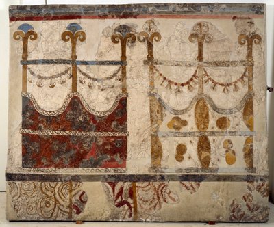 Civilización minoica: representación de dos portales (Ikria). Fresco del estanque lustral del edificio Xeste 3 de Akrotiri (Thera), Santorini de Minoan