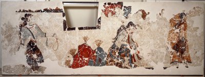 Civilización minoica: mujeres en adoración. Fresco del estanque lustral del edificio Xeste 3 de Akrotiri (Thera), Santorini de Minoan