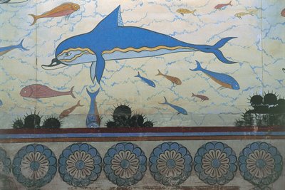 Primer plano de un mural en un palacio, Palacio de Minos, Knossos, Creta, Grecia de Minoan