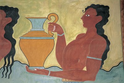 Primer plano de un mural en la pared de un palacio, Palacio de Minos, Knossos, Creta, Grecia de Minoan