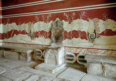 Civilización minoica: vista de la sala del trono del palacio del rey Minos en Cnosos. Creta, Grecia de Minoan