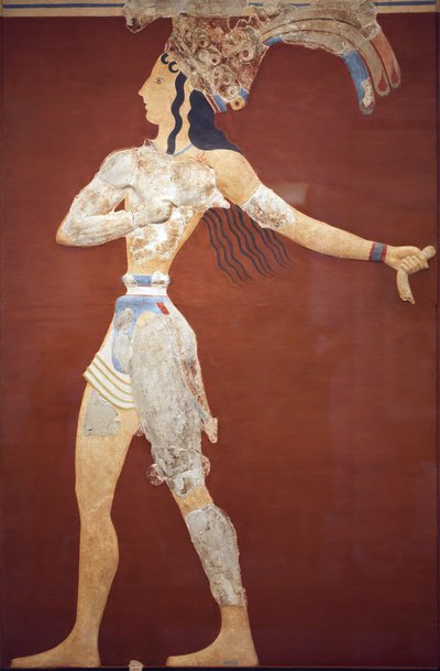Arte minoico "Príncipe de los Lirios". Reconstrucción original a partir de los pocos fragmentos encontrados por A. Evans en el sitio arqueológico de Knossos. Museo arqueológico de Heraklion. Esta reconstrucción es incierta. Knossos, Creta de Minoan