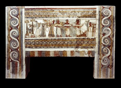 Escena de culto a los muertos, fresco en el sarcófago de Haghia Triada de Minoan