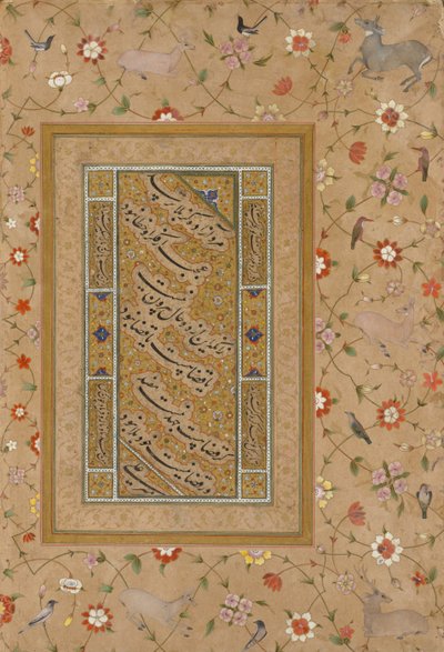 Page from the Late Shah Jahan Album: Persian Calligraphy Framed by an Ornamental Border of Flowers and Birds de Mir 