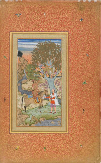 Príncipe a caballo ofreciendo vino a un joven, c.1600 (acuarela, tinta, oro sobre papel) de Mir Ali Al Husayni