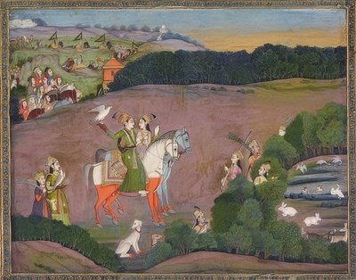 Baz Bahadur y Rupmati en la caza de halcones. Alrededor de 1735 de Mir Kalan Khan