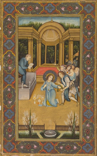 Jesús entre los doctores en el Templo, c. 1760 (acuarela opaca con oro sobre papel, bordes florales en colores sobre fondo dorado) de Mir Kalan Khan