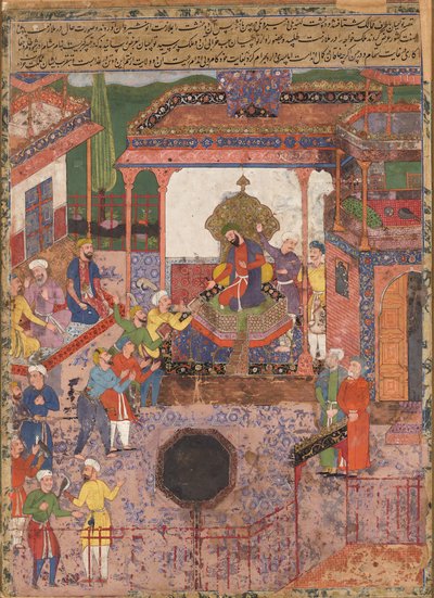 Emisarios traen noticias de las provincias de Khaybar y Chin a Anoshirvan. Desde Hamzanama de Mir Sayyid Ali
