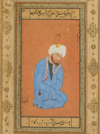 Retrato de un hombre santo arrodillado, del Álbum del Príncipe Salim, c. 1556-60, borde c. 1602 de Mir Sayyid Ali