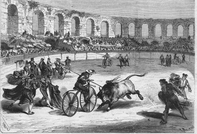 Carrera de toros en la Arena de Nimes en 1869. Los toreros montados en velocípedos. Dibujo de Mr. Miranda. de Miranda Miranda