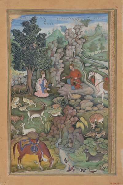 Bahram Gur ve una manada de ciervos hipnotizados por la música de Dilaram, Folio de..., 1597-98 de Miskin