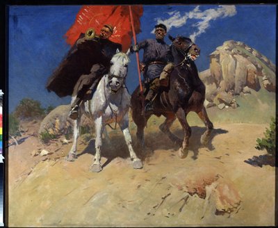 Portaestandarte y trompetista. Dos soldados de un regimiento de caballería del Ejército Rojo, durante la Revolución de Octubre de 1917. Pintura de Mitrofan Borisovitch Grekov (1882-1934), óleo sobre lienzo de Mitrofan Borisovic Grekov