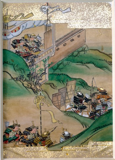Episodio de luchas imperiales en Japón (1308-1368). Miniatura de la escuela Tosa con hojas de oro y madreperla de ostras de Mitsuhiro (after) Tosa