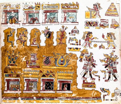 Civilización mixteca: Códice mixteco con ilustraciones de actividades frente a un templo - Arte precolombino, civilización mixteca: escenas de la vida cotidiana frente a un templo - Detalle de una copia del Códice Vindobonensis o códice vienés enviado por  de Mixtec Mixtec