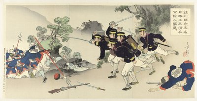 En la región de Chinchón, cinco ingenieros militares expulsan a más de un centenar de soldados chinos Chinsen chihô ni gomei no Nihon kôhei Shinhei hyakuyonin kitai de Mizuno Toshikata