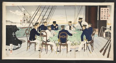 Oficiales navales japonesas discutiendo tácticas de Mizuno Toshikata