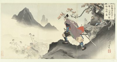 Kato Kiyomasa destruyendo y capturando el palacio de Orangai haciendo rodar una roca. Kato Kiyomasa oishi korogashite Orankai no kenjo o uchiyaburu zu. (título en el objeto) de Mizuno Toshikata