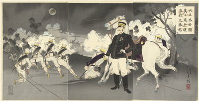 ¡Viva el gran Japón Imperial! Imagen de la gran victoria en Pyongyang. Dai Nihon Teikoku Banbanzai. Heijo besó a daisho no zu. (título en el objeto) de Mizuno Toshikata