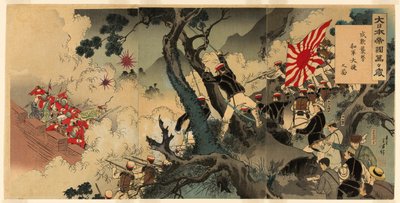 ¡Larga vida al Gran Imperio Japonés! Una gran victoria para nuestras tropas en el asalto a Songhwan (Dai Nihon teikoku banbanzai, Seikan shugeki waga gun taisho no zu) de Mizuno Toshikata