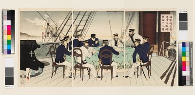 Imagen de oficiales navales discutiendo la estrategia de batalla que se utilizará contra China de Mizuno Toshikata