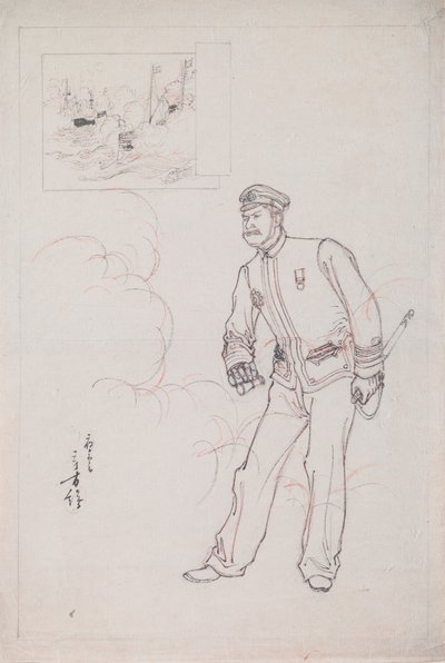 Dibujo preparatorio para un grabado en madera que representa a un oficial naval japonés durante la guerra chino-japonesa de Mizuno Toshikata