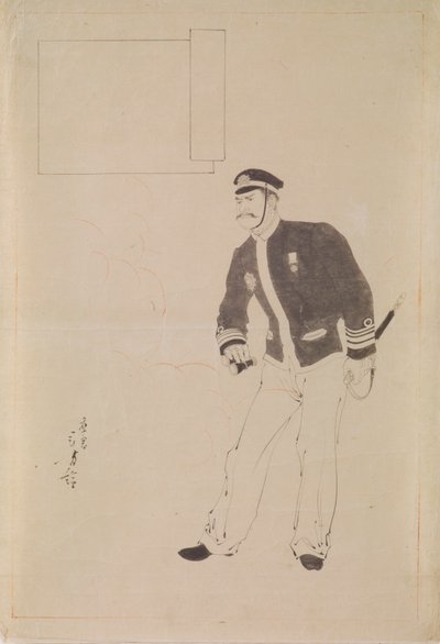 Dibujo preparatorio para un grabado en madera que representa a un oficial naval japonés durante la guerra chino-japonesa de Mizuno Toshikata