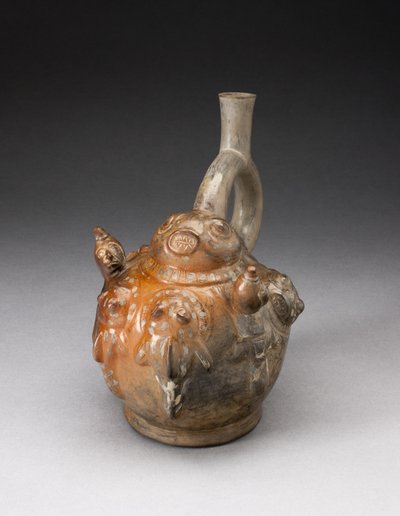 Vasija de pico de estribo con relieve que representa una escena de pesca, 100 a.C.-500 d.C. de Moche